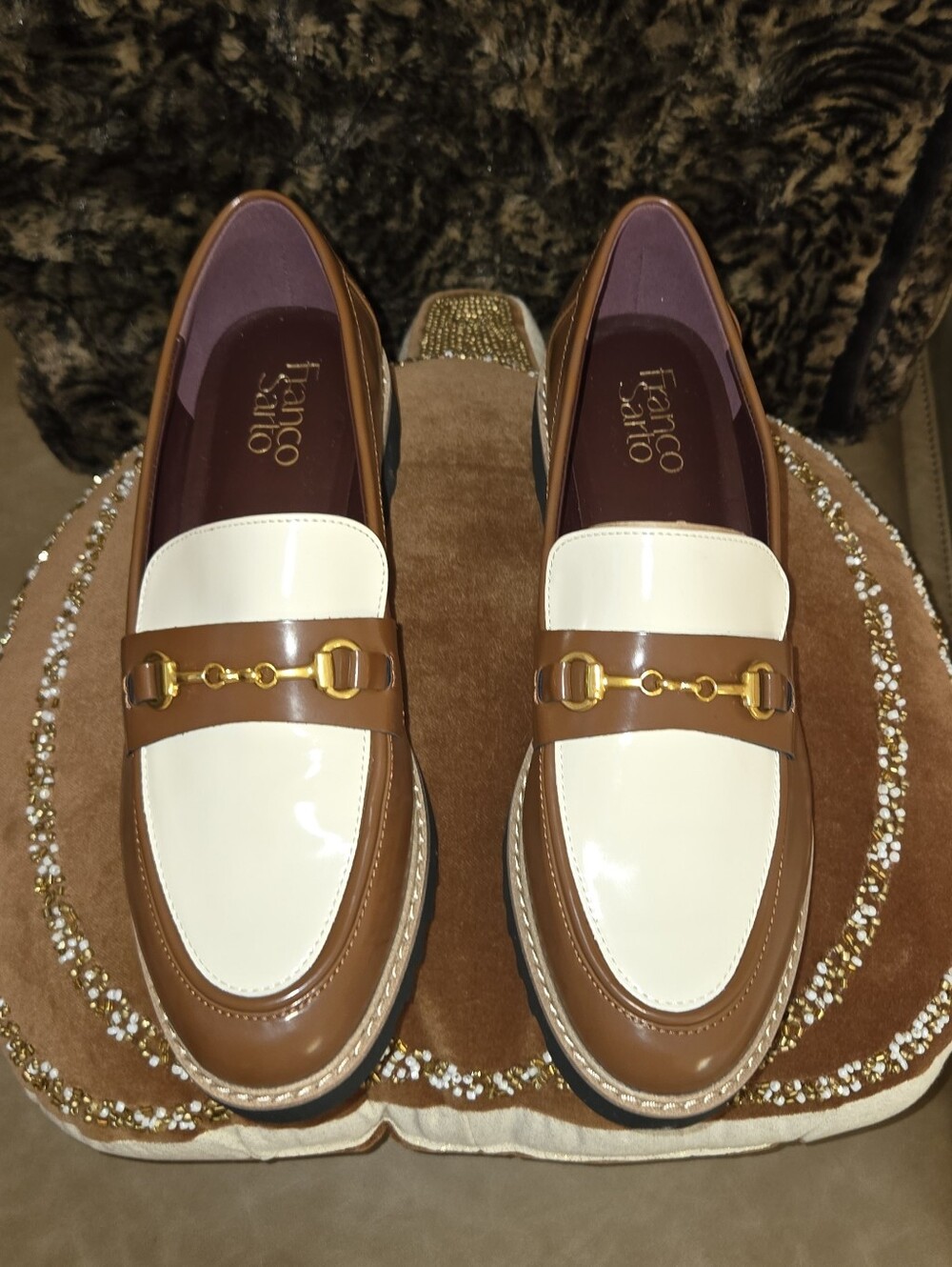 Franco Sarto Women’s Tobacco Brown and Cream Leather Bit-Detail Loafers